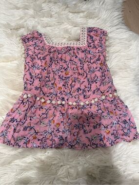 Girls' Pink Floral Pom-Pom Trim Sundress Top